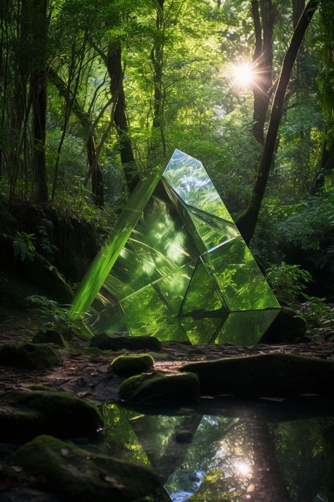 A breathtaking image of a unique green pyramid nestled in a forest.