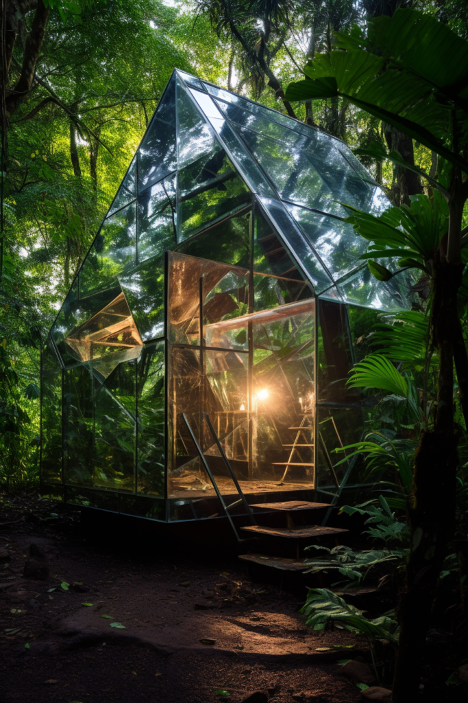 An innovative glass house nestled in the middle of the forest.