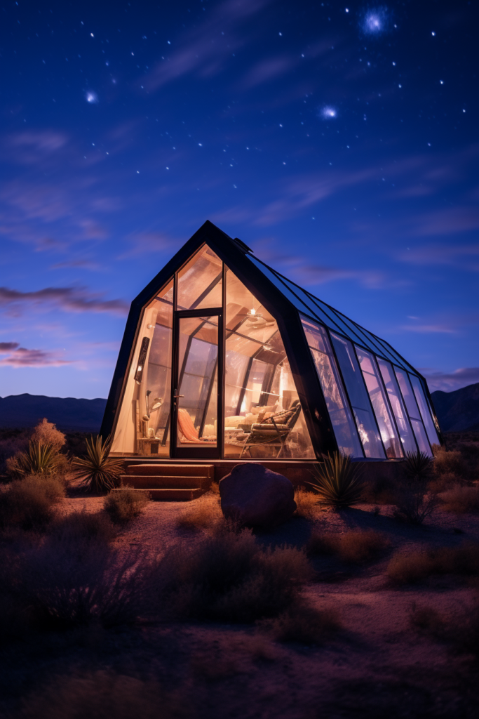 An innovative and breathless glass house in the desert at night.