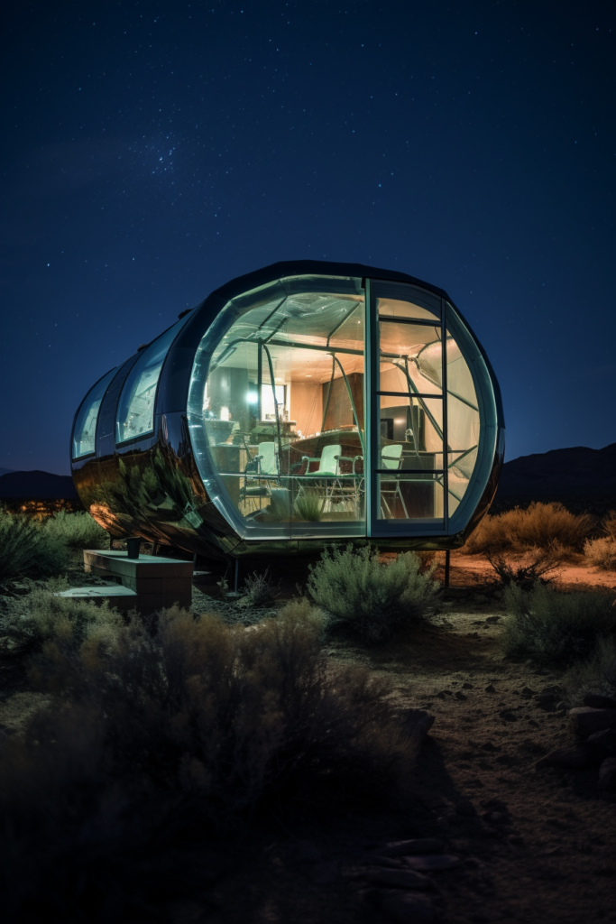 A breathtaking glass house in the desert at night, showcasing innovative and unique architecture.