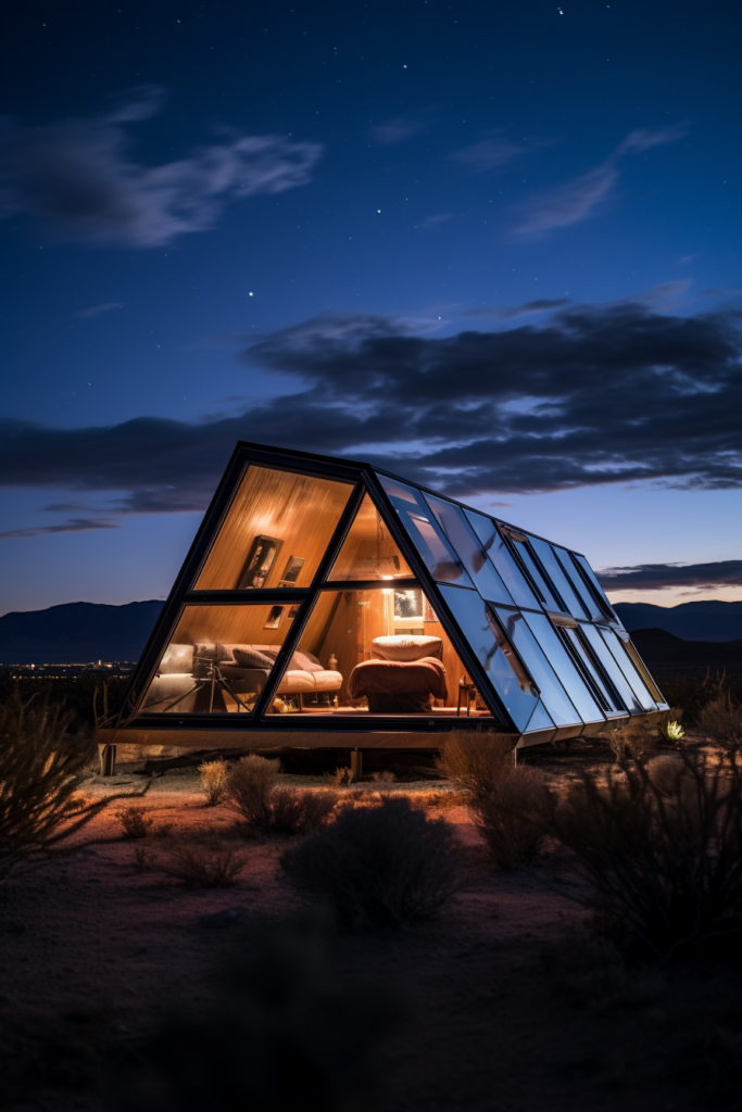 An innovative glass house in the desert at night, leaving one breathless.