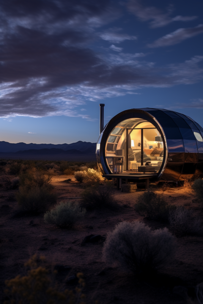 An innovative home in the desert at dusk, showcasing unique and breathless architecture.