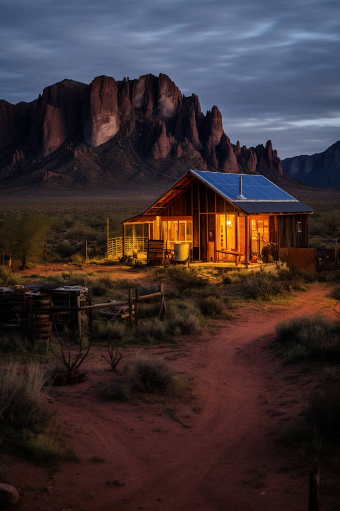An innovative cabin in the desert at dusk.