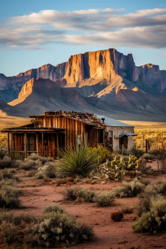An innovative old abandoned house in the desert with mountains in the background.