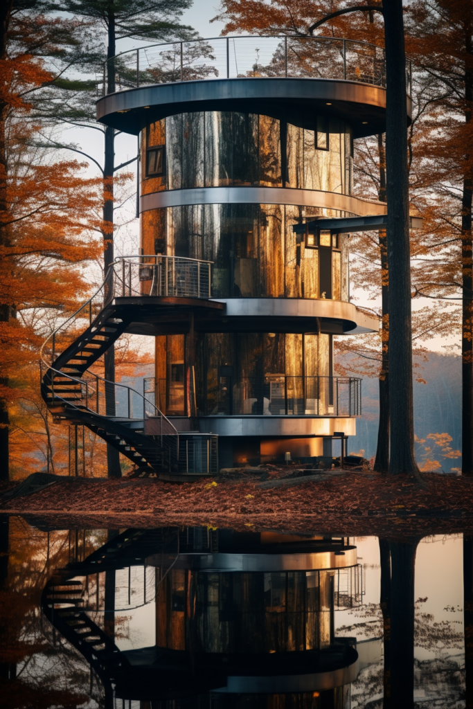 A unique house in the woods with a modern spiral staircase.