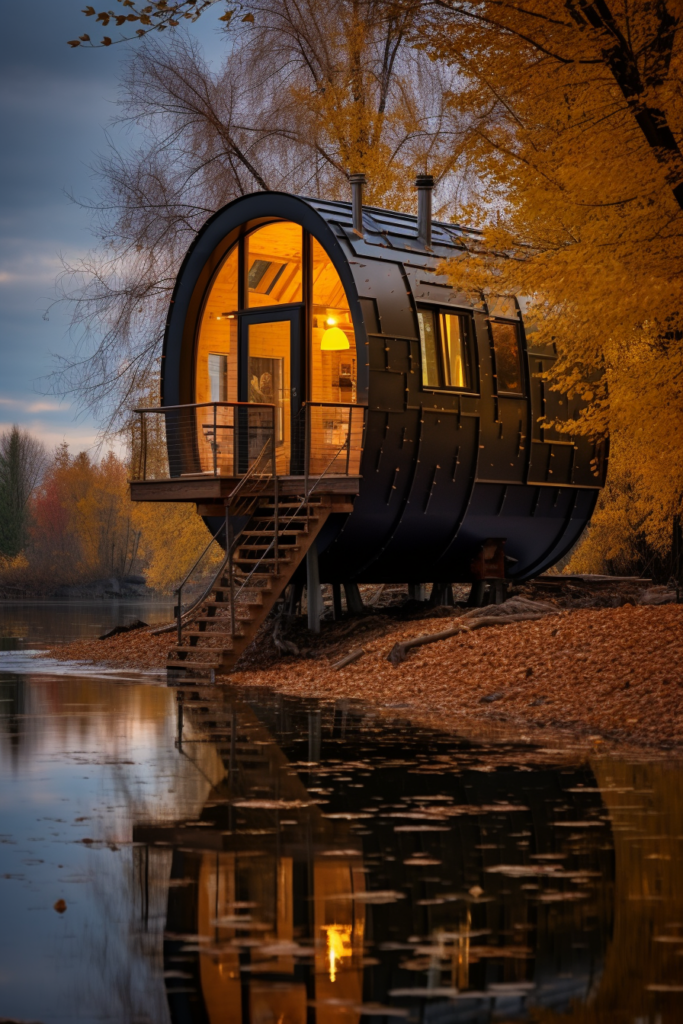 An innovative tiny house sits on the side of a breathless lake.
