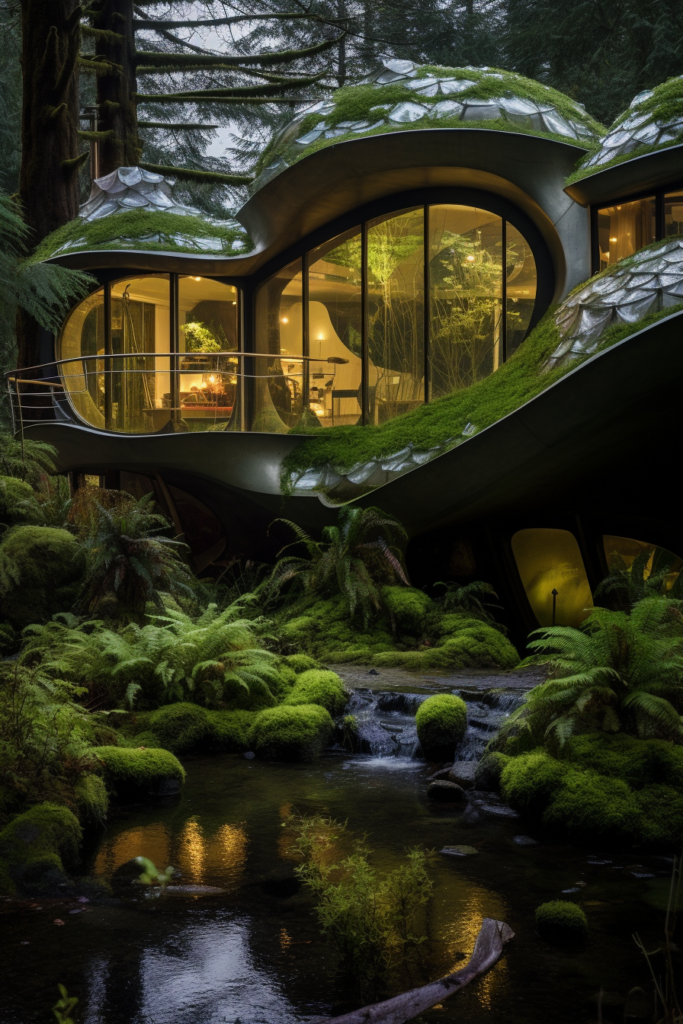 A unique house nestled in the forest, with moss growing on its innovative structure.