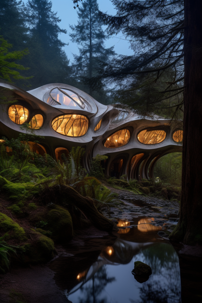 An innovative and unique house nestled in the woods, bathed in the surreal hues of dusk.