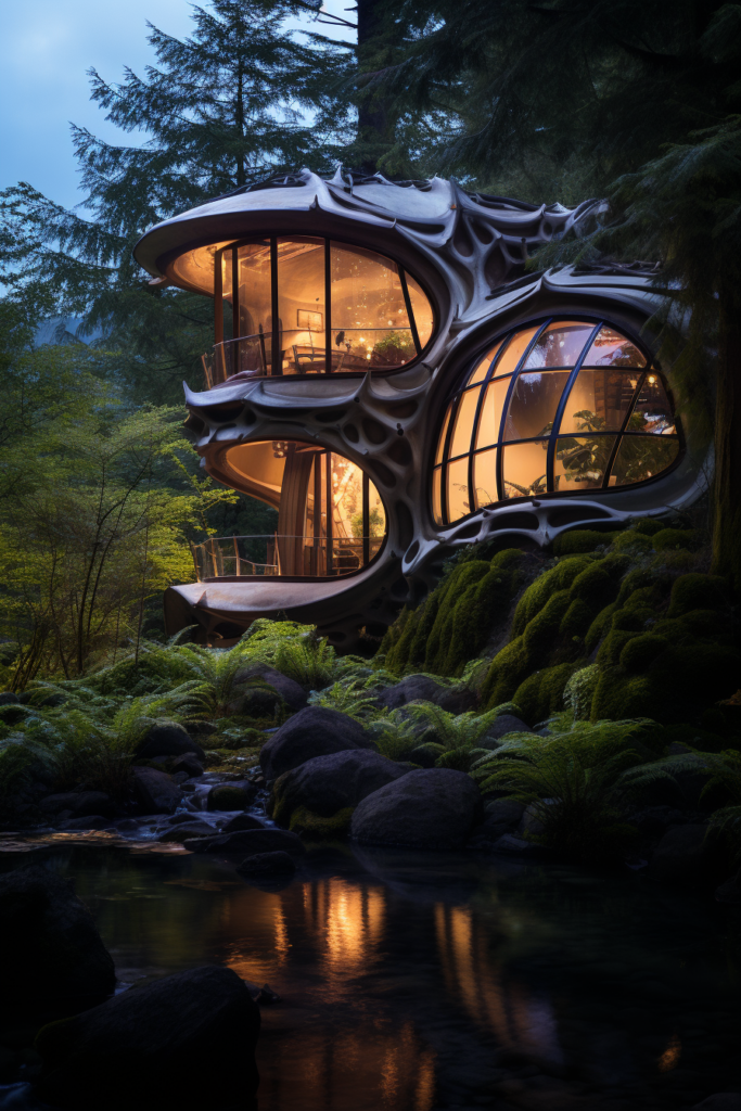 An innovative house nestled in the woods.