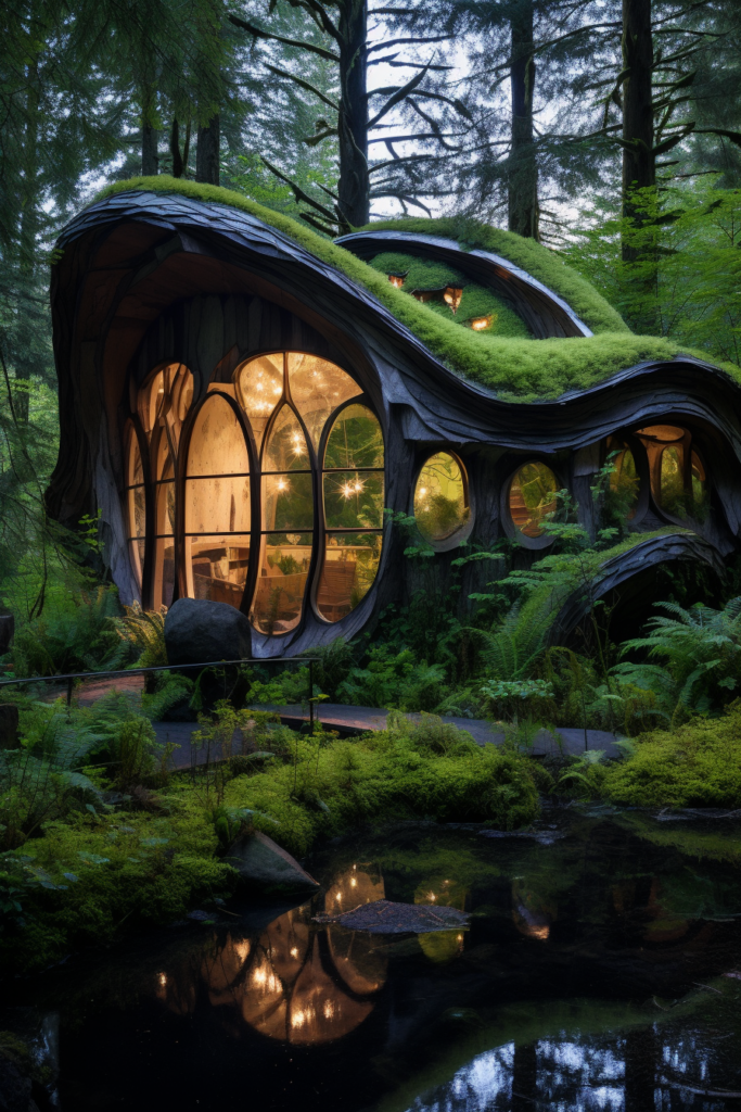 An innovative house nestled in the woods, with a moss-covered roof.