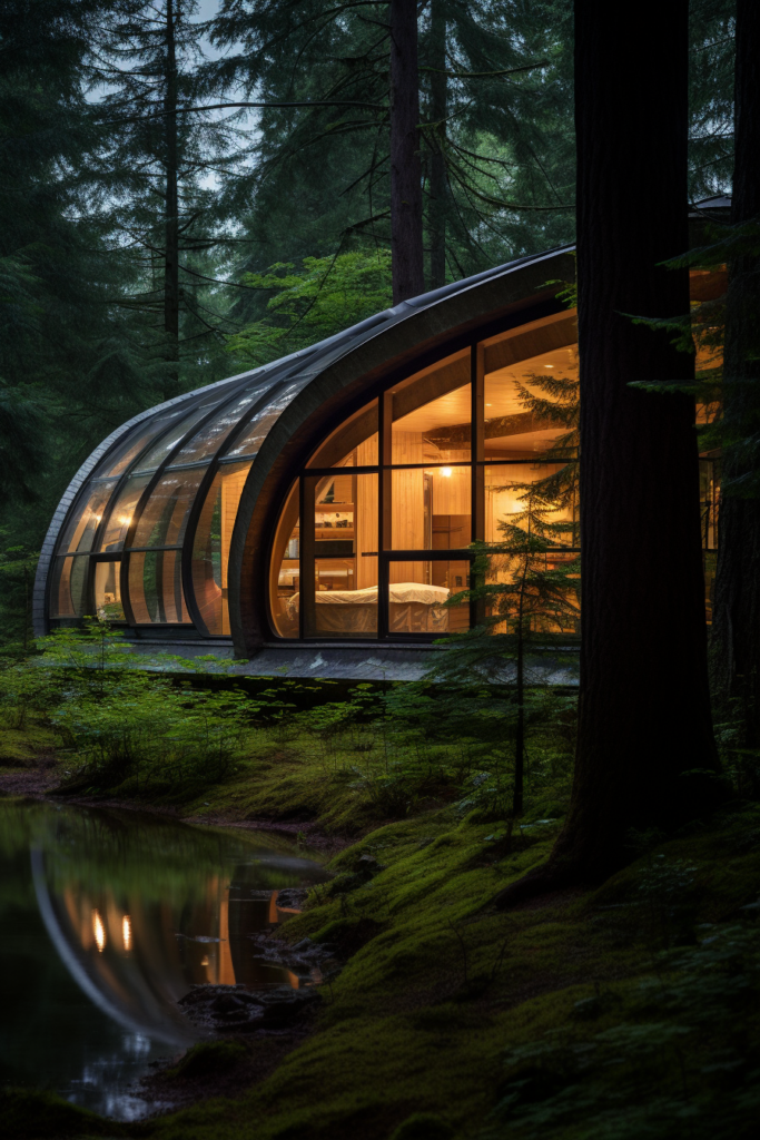An innovative and unique cabin in the woods with a glass roof.