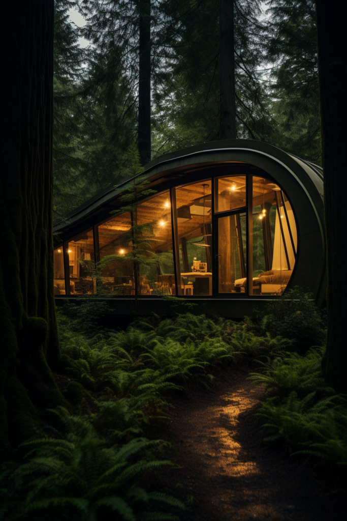 A unique glass house nestled in the middle of a breathtaking forest.