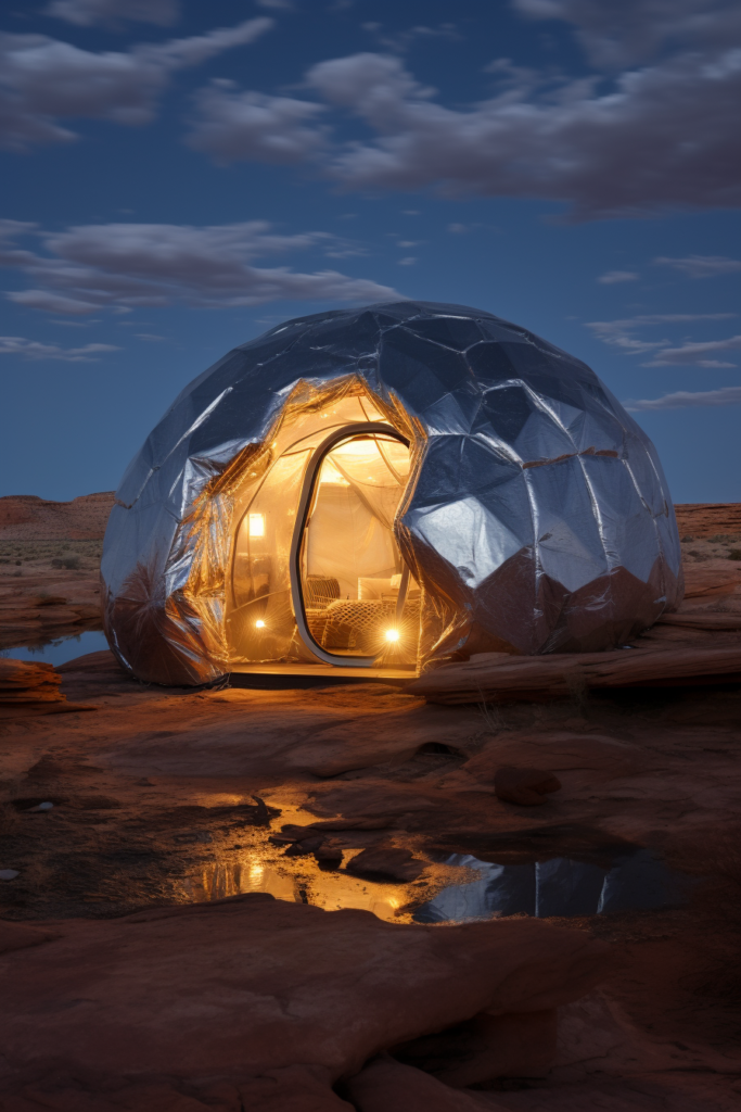 An innovative igloo in the breathtaking desert at night.