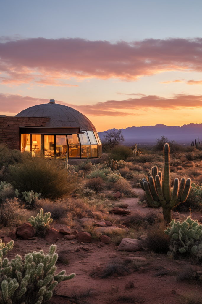 An innovative dome house in the desert with cactus plants in the background.