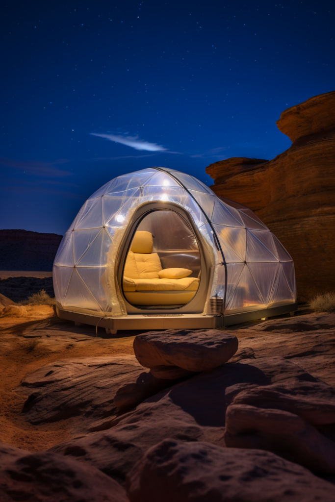 A breathless igloo tent in the desert at night.