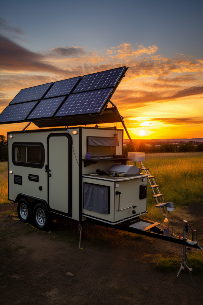 An innovative camper featuring solar panels on the roof.