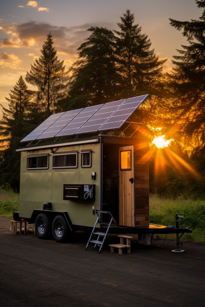 An innovative tiny house with solar panels on the roof.