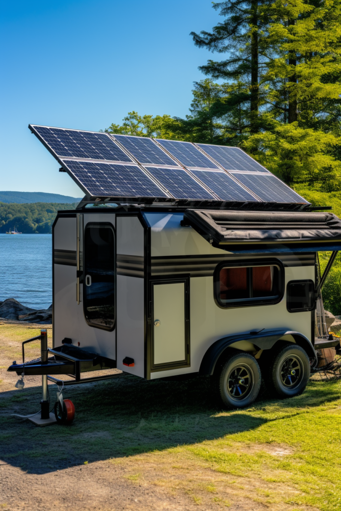 An innovative and unique small camper trailer with solar panels on the roof.