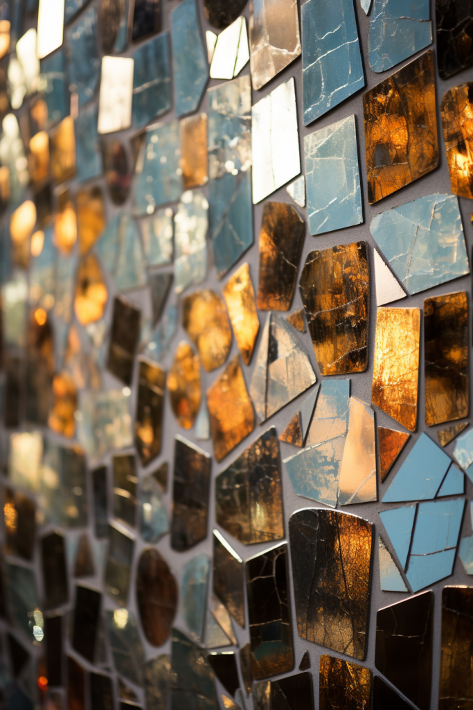 A creatively designed mosaic wall featuring mirrors to expand space.