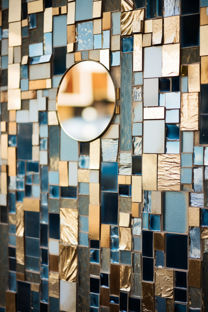A creatively designed mosaic wall with blue and gold tiles that expand the space by incorporating a mirror.