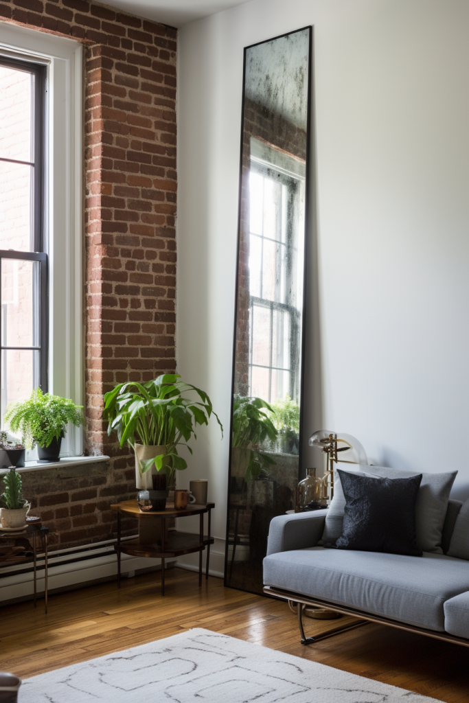 A living room utilizing a mirror to expand space, complemented by a brick wall.