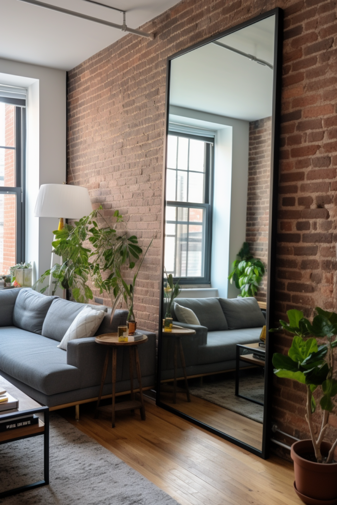 A creatively designed living room with brick walls and a large mirror to expand space.