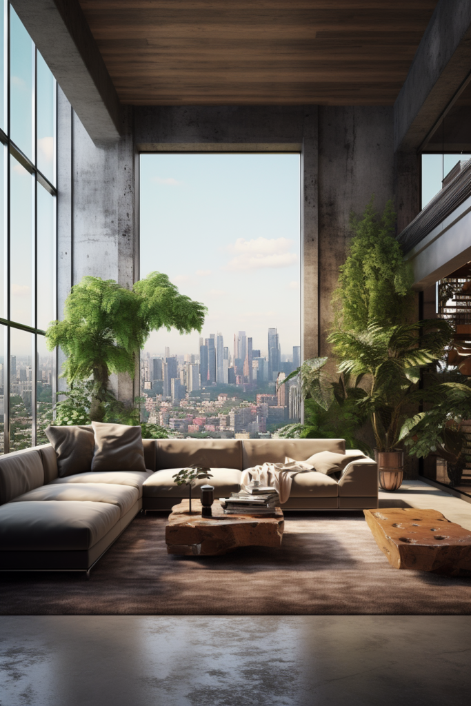 A creatively designed living room with large windows that expand space and offer a breathtaking view of the city.