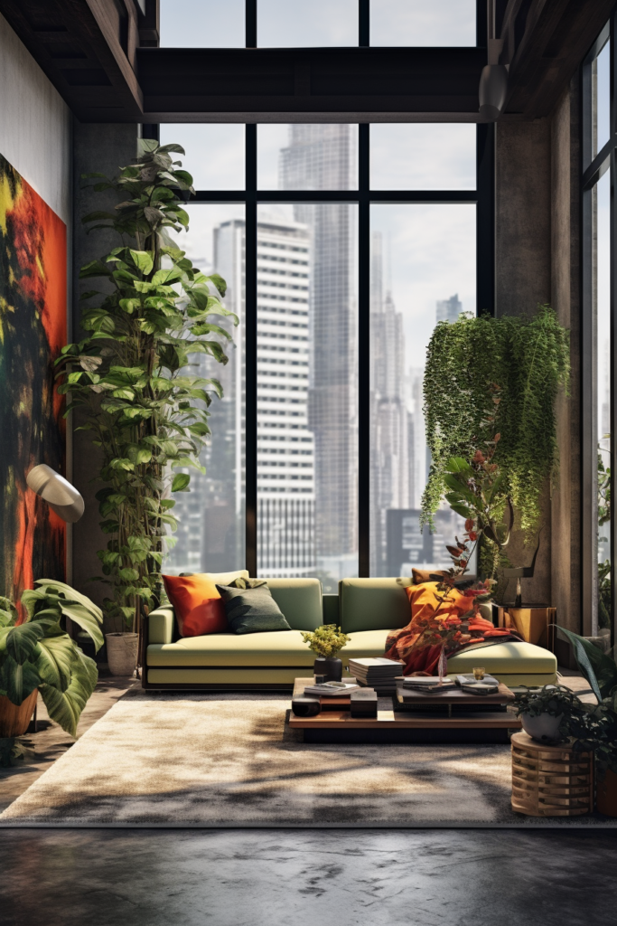 A living room utilizing mirrors to expand space and with plants and a view of the city.