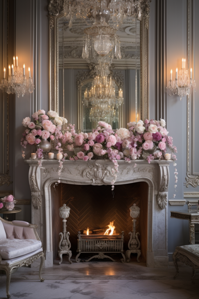 An ornate fireplace with a mirror, utilizing mirrors to expand space.