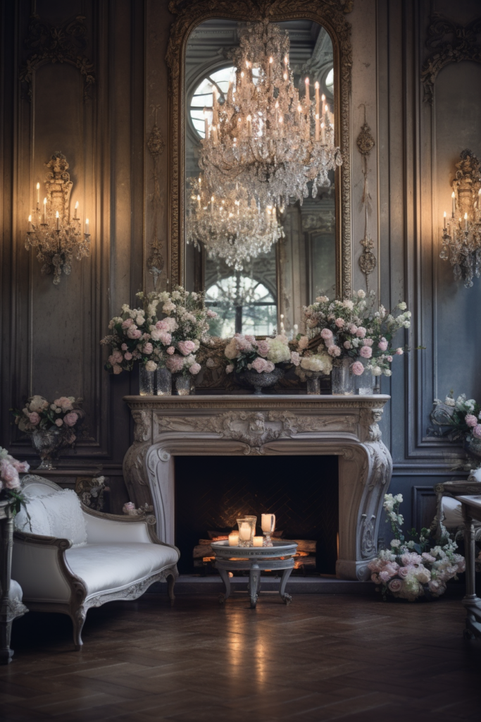 An ornate room with mirrors, a fireplace, and flowers, creating an illusion of expanded space.