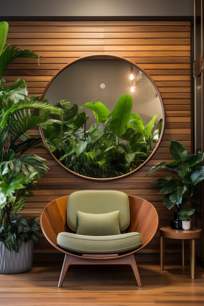 Creatively utilizing mirrors, a green chair is positioned in front of plants, effectively expanding space.