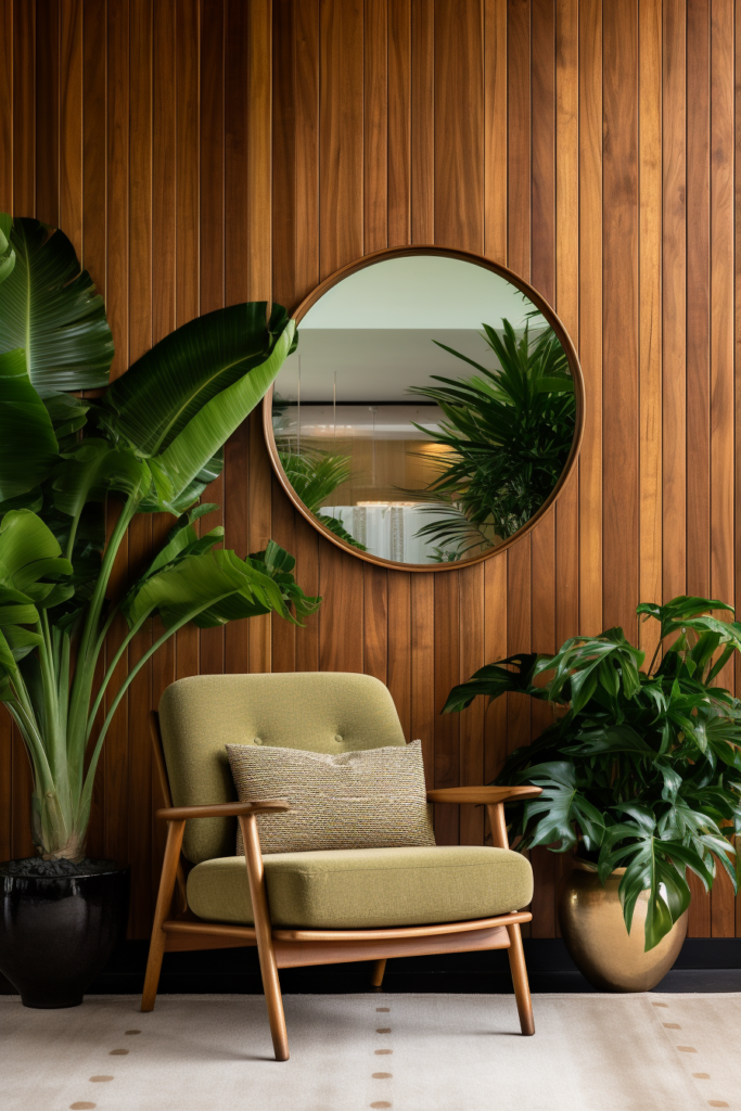 Utilizing a mirror, this description showcases a green chair placed in front of a wooden wall to expand space.