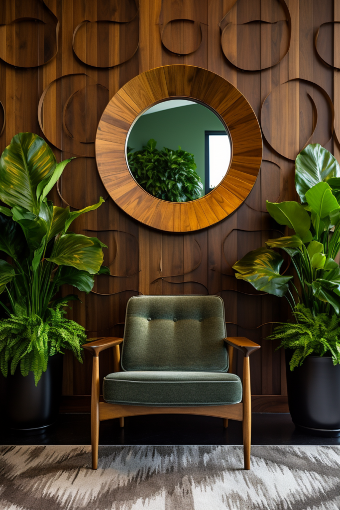 A creatively designed green chair sits in front of a wood paneled wall, effectively expanding the space.
