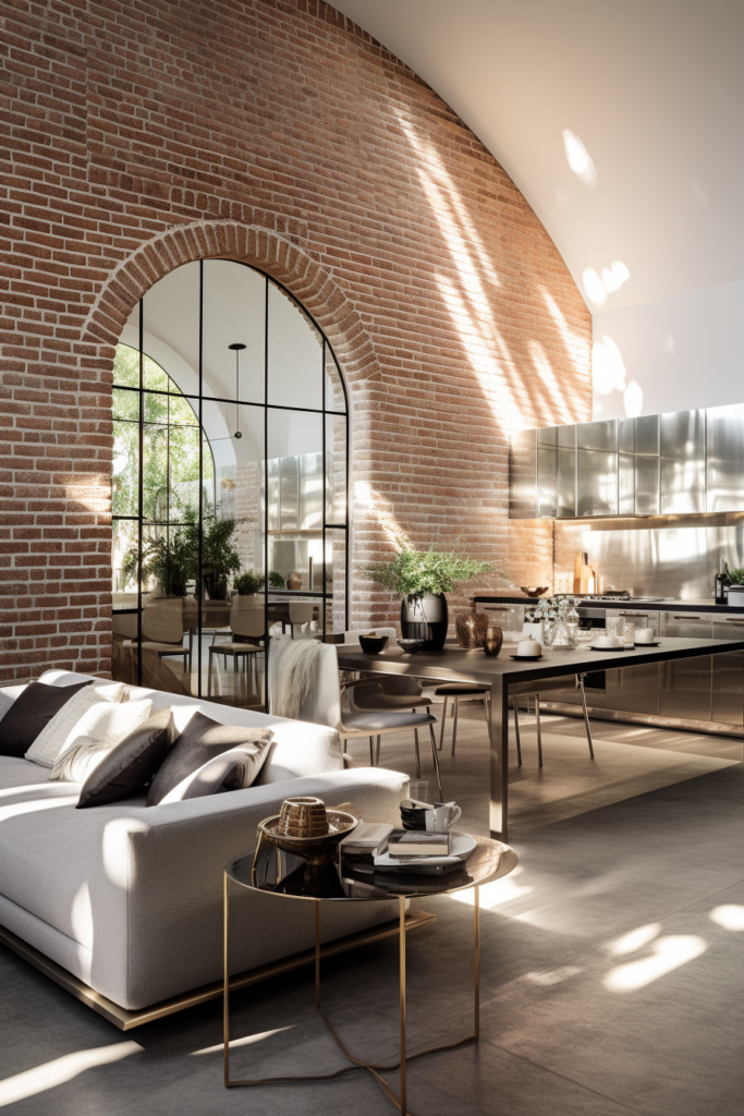 A modern living room utilizing a brick wall to expand space.