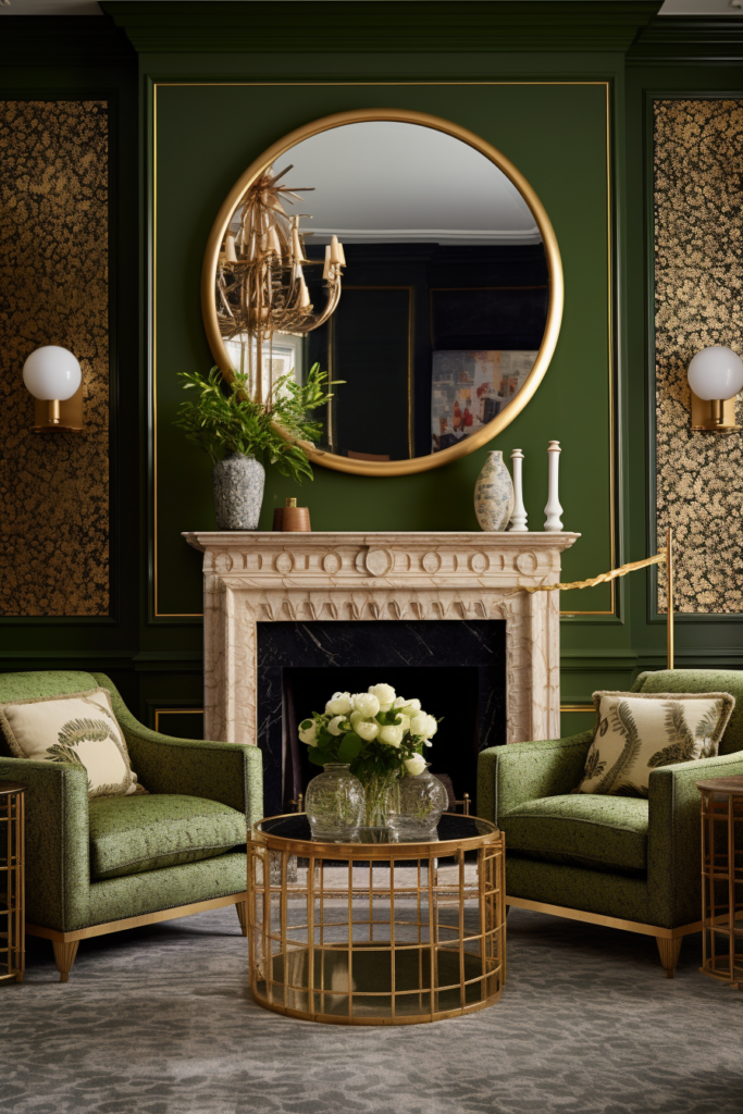 A creatively decorated living room with green walls, gold furniture, and strategically placed mirrors that cleverly expand space.
