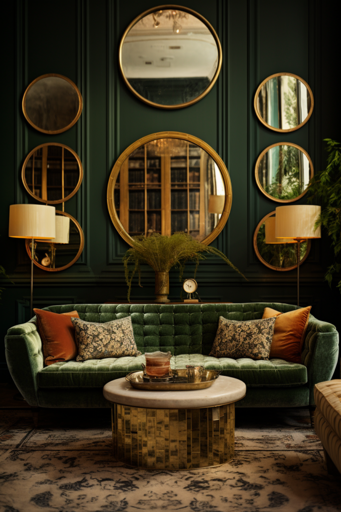 Utilizing mirrors, this living room with a green couch and gold mirrors creates an illusion of expanded space.