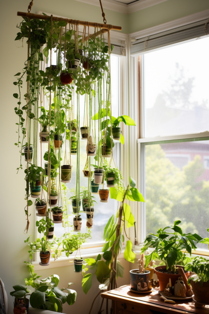 A room utilizing a pulley system with potted plants hanging from a window, providing easy access.