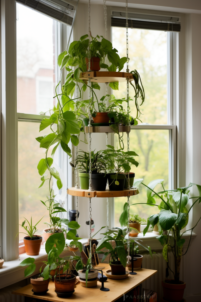 Potted plants arranged on a shelf near a window, ensuring easy access for maintenance.