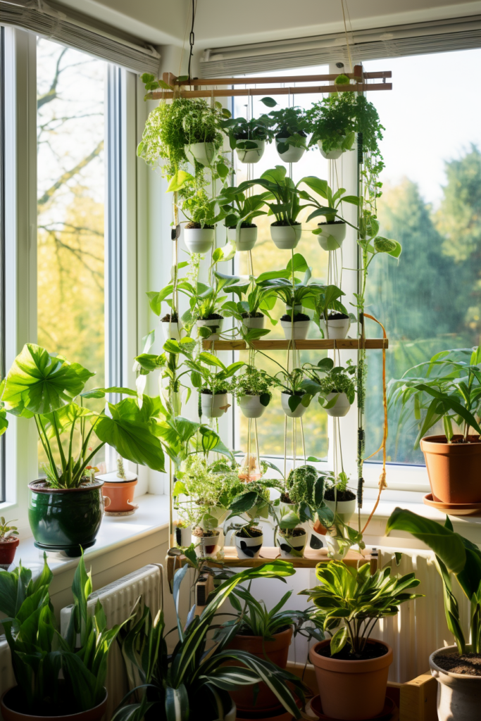A window sill filled with potted plants and a hanging planter for easy access.