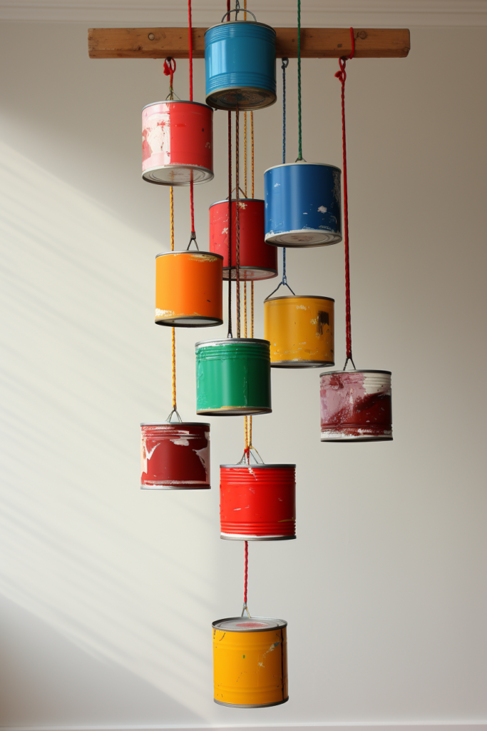 Colorful tin cans hanging from a ceiling utilizing pulley systems for easy access and maintenance.