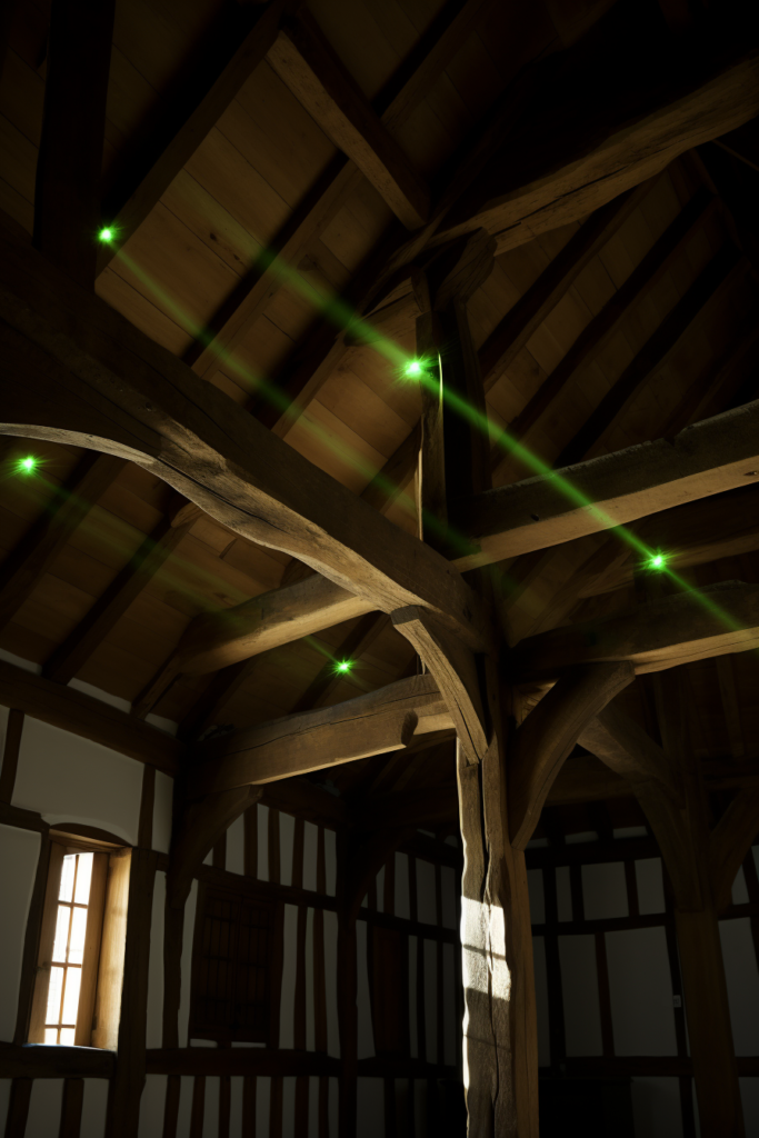 A beam of green light is shining through a wooden ceiling, providing easy access for maintenance via pulley systems.