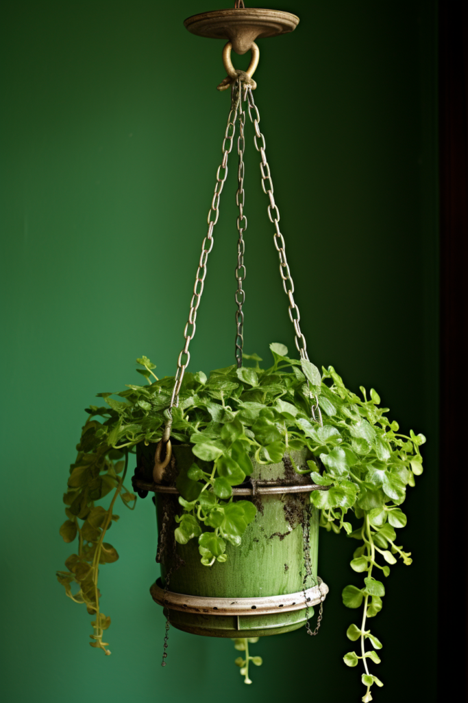 An easy-access green planter hanging from a chain on a green wall, requiring minimal maintenance.