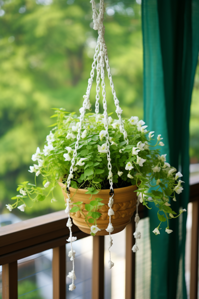 A potted plant hanging from a balcony railing, providing easy access for maintenance.