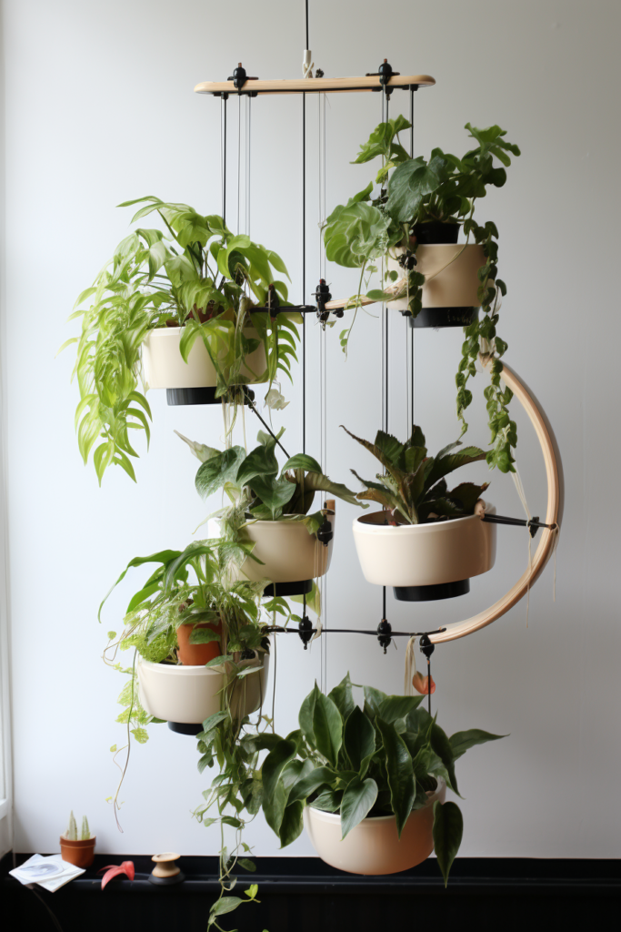 A hanging planter with several pots of plants, featuring an efficient pulley system for easy access and minimal maintenance.