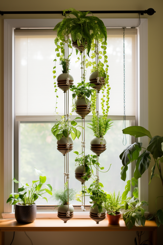 A window sill filled with potted plants allows for easy access and low maintenance.