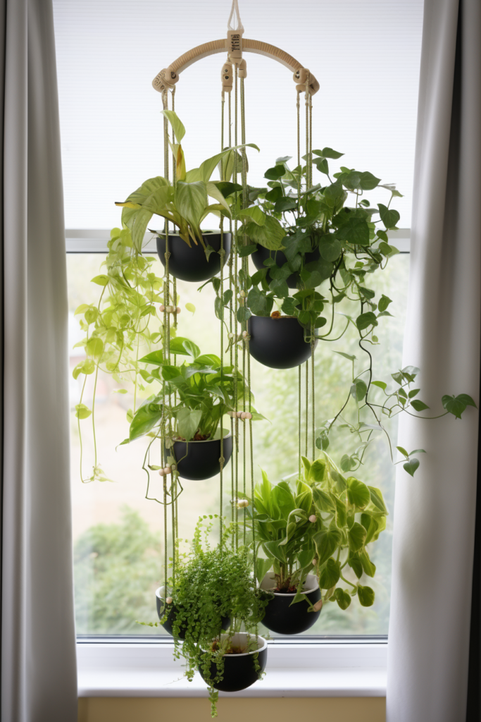 A maintenance-friendly hanging planter with plants suspended by an efficient pulley system, allowing for easy access.