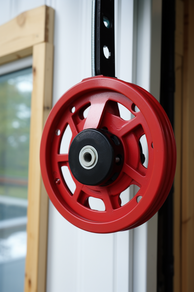 A red pulley attached to a door, providing easy access.