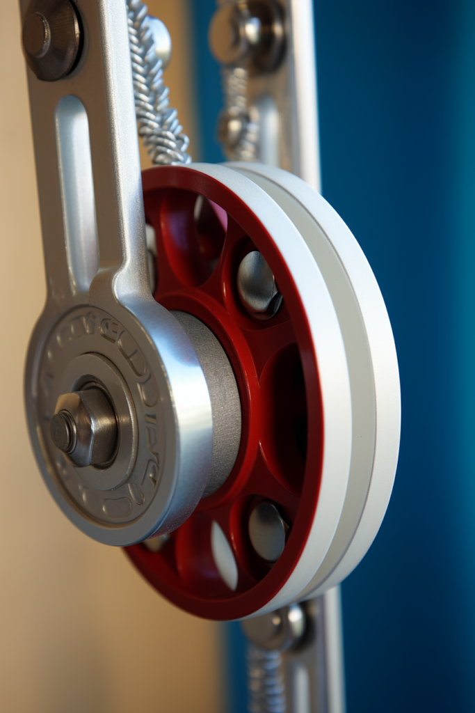 A close up of a red and white pulley used in pulley systems.