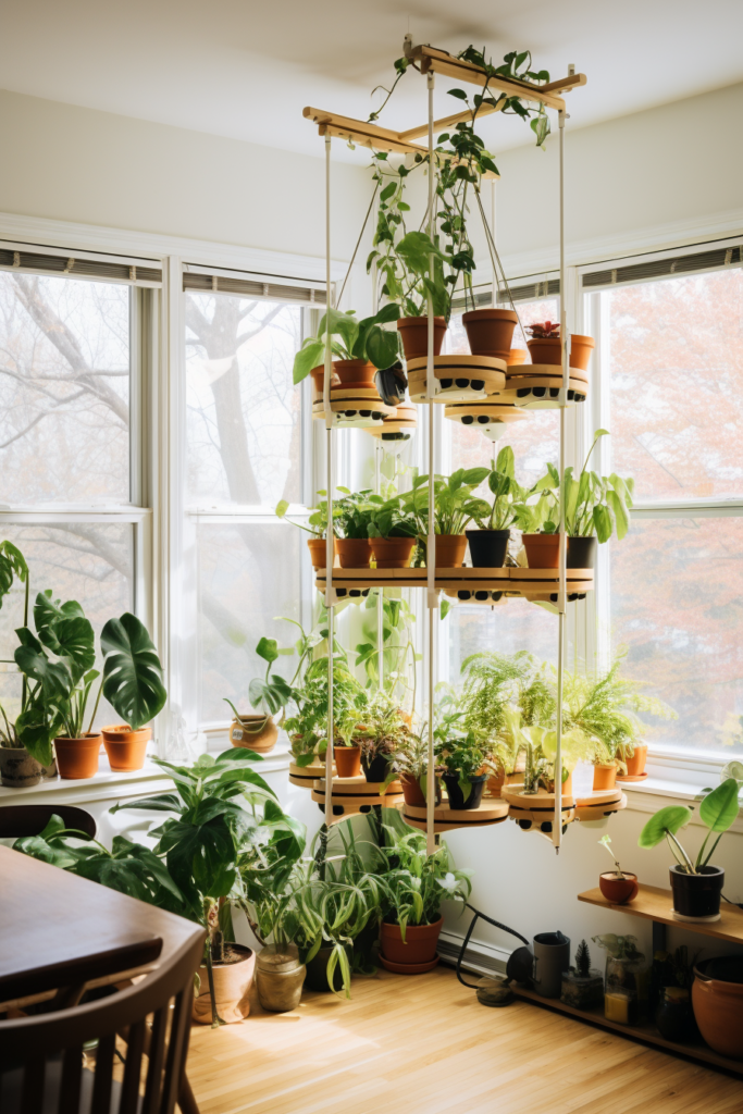A room with easy access to pulley systems, utilizing potted plants.
