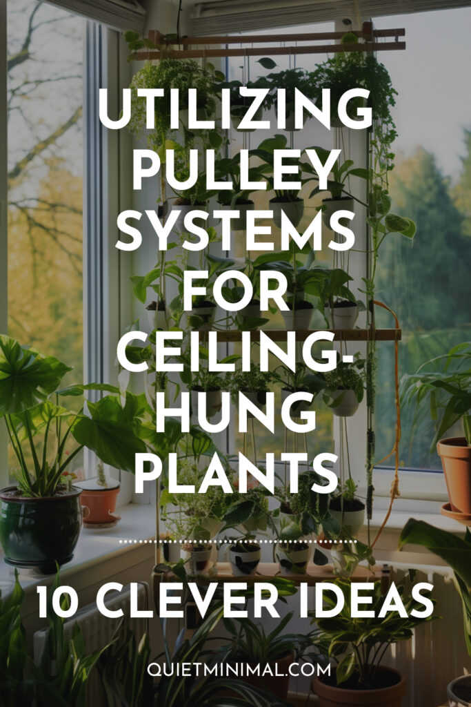 A window with 10 clever ideas for easy access and low maintenance ceiling hanging plants, utilizing pulley systems.